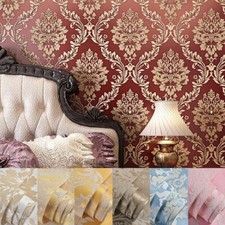 10m 9 Colors Luxury Damask Embossed Flocked Textured Non-woven Wallpaper Roll UK