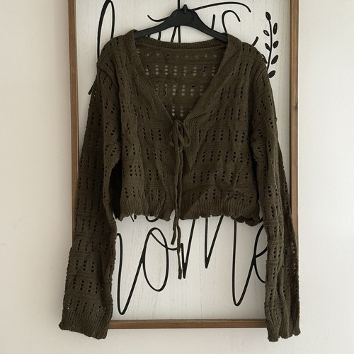 Olive green open knit cardigan - knit,