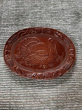 Large Brown Ceramic Christmas  Turkey Serving Platter Plate Embossed Design 270
