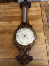 Antique Aneroid Barometer Thermometer Large Solid Wood Case