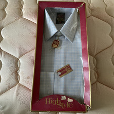 VINTAGE Perfit High Style Bri Nylon Blue Check Men’s Shirt 14.5 Collar 1970s 60s