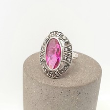 Antique Solid Silver Pink Paste Ring Marcasite Art Deco Oval Cut Cocktail