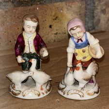 EDME SAMSON CHELSEA  BOY FEEDING GEESE AND GIRL FEEDING CHICKENS FIGURINES PAIR