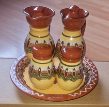 Vintage 5 Piece Bulgarian Cruet Set -Salt & Pepper Shakers - Vinegar - Oil -Dish