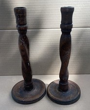 Pair of Antique Edwardian oak wooden / Treen barley twist candlesticks 24.75cm