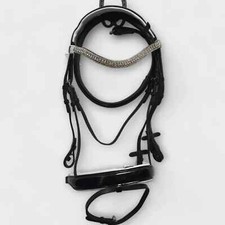 Leather Horse Show Bridle Diamante Browband Patent Noseband Black White Padded