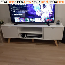 White Wooden TV Unit Cabinet Stand for 65 Inch TVs With Doors Open Shelf Storage