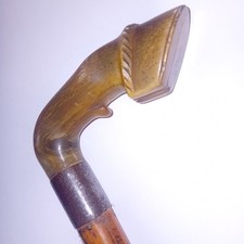 UNUSUAL ANTIQUE REAL BOVINE HORN HORSE HOOF HANDLE WALKING CANE STICK