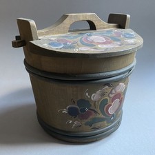 Vintage Scandinavian Folk Art Hand Painted Rosemaling Wooden Tine/Laggkärl/Bytta