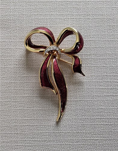 Gold tone red enamel - enamel, bow
