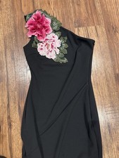 Jessica Wright Size 8 Black One Shoulder Maxi Dress Pink Floral Appliqué 