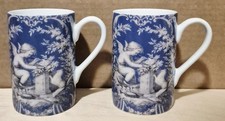 Set of 2 Hallmark Angel Cherub Cat Coffee Tea Mug Cup Blue White Porcelain 10oz