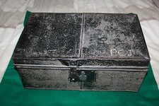 VINTAGE PAINTED METAL TRAVEL CHEST or STORAGE TRUNK for RAILWAY or DEED BOX