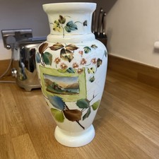Victorian Hand-Painted Opaline Glass Vase, Floral with landscape scene  c.1880s