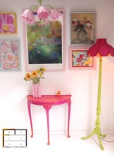 Bright Fushia Pink Orange Floral Blossom Demi Lune Half Moon Hall Console Table