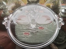 Vintage Mikasa Frosted Pink/White Swan Pedestal Cake Plate, Swan Crystal Handles