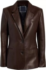 Women's Brown Two Button Lambskin Leather Blazer Casual Coat Long Sleeve Jacket