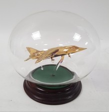 Vintage Gold Spitfire Jet Fighter Model in Glass Dome Display with Wood Base