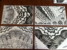 4 ZANDRA RHODES Laminiated Black & White Abstract Placemats Set  #2