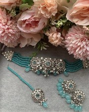 Pakistani Indian Choker Necklace Set In Silver Mirror Work & Blue Beads & Stones