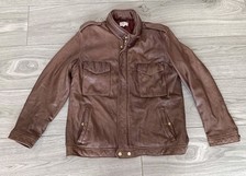 Mens Gant Rugger Brown Leather Flying Jacket Lined Coat Size XL Multi Pockets