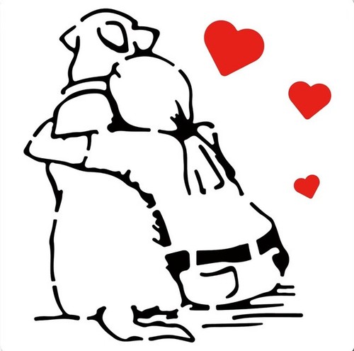 Banksy style woman hugging - hugging, dog