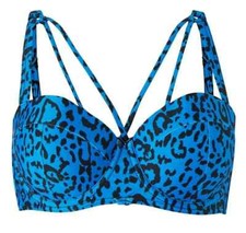 Wolf & Whistle Leopard Bikini Top Animal Print Size UK 36D Padded Underwire Blue