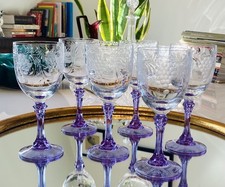 Vintage Quality Amethyst Purple grape floral etched crystal Wineglasses x6