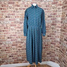Vintage Dress 14 Green Blue Floral Paisley Long Length Button Up Flare