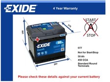 Car Battery EB501 Exide 077 450A 50Ah 4Yr Warranty 207x175x190 Excell