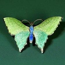 Antique 1920's Butterfly Brooch - Sterling Silver & Enamel - 52x28mm