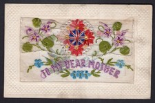 WW1 SILK POSTCARD - TO MY DEAR MOTHER - FORGET ME NOTS & OTHER FLOWERS