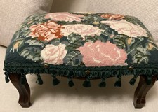 Vintage Needlework / Needlepoint  Tapestry Footstool Roses, With Tassel Fringe