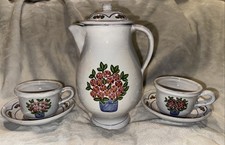 Set Of Vtg Italy Majolica Pottery Carafe, Tea Cup & Saucer Set Handmade Painted