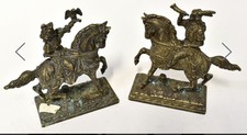 Antique Art Nouveau 2 small brass figures of hunters on horseback height 18.5cm