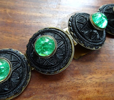 antique Victorian vulcanite green glass star flower panel cuff bracelet -717