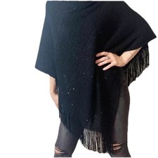 Black Knitted Poncho One Size Sequins Women Fringe Hem Debenhams 