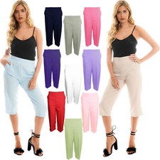 LADIES WOMENS ELASTICATED WAIST THREE QUARTER 3/4 CAPRI CROPPED SUMMERS TROUSERS