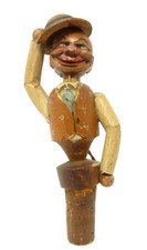VINTAGE ANRI CARVED WOODEN BOTTLE STOPPER MECHANICAL HAT TIPPER