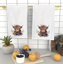 Highland Cow Tea Towels Set 2 Pack Floral Farmhouse Kitchen Gift Dish Cloths