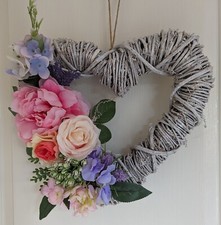 Shabby Chic Wicker Heart Wreath Mother's Day Wall Hanging Wedding Birthday Decor