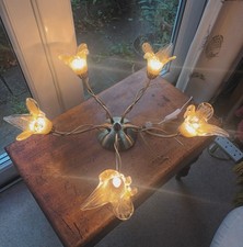 Antique Brass 5 Arm Ceiling Light With  Amber Glass Petal Shades Bulbs Included