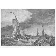 EDWARD WILLIAM COOKE French Lugger Running into Calais - Antique Print 1854