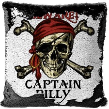 Personalised Pirate Cushion Cover Magic Sequin Skull Reveal Boys Birthday Gift