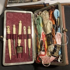 Antique Victorian sewing case red velvet cover~ with contents