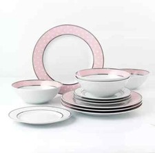 12Pc Dinner Plates Bowls Set Porcelain Dinnerware Tableware Crockery Pink Stars
