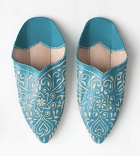 NEW WITH BAG Moroccan Bohemia Cut Work Babouche Leather Shoes Teal M UK5 EU38