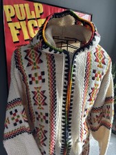 Vintage Ecuador Hand Made Knit Jumper Wool Full Zip Aztec Hooded 46” Chest