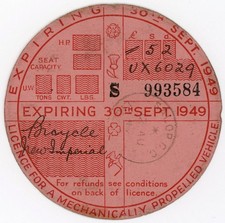 (I.B) GB Revenue : Car Tax Disc 5/2d (New Imperial Motorcycle 1949)