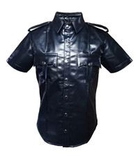 Mens Faux Leather Quality Black Shirt Police Uniform Style Short Sleeves Shirt